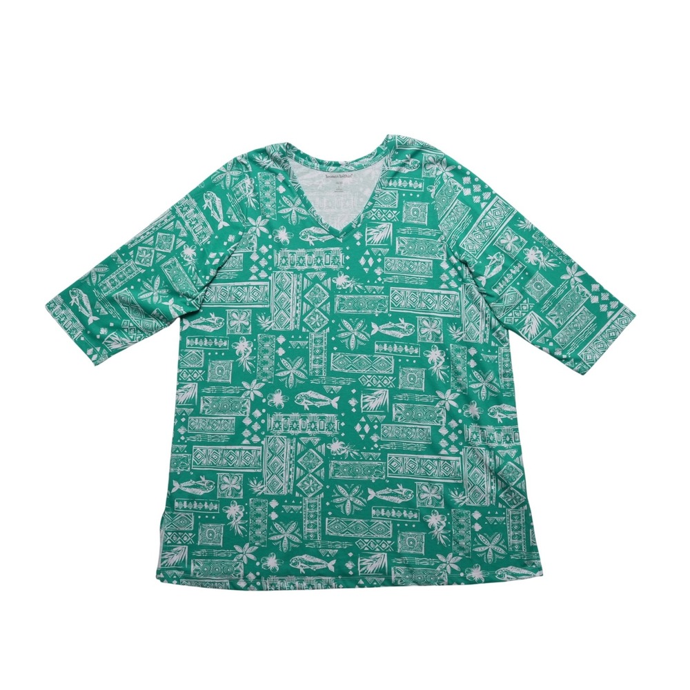 Woman Within Womens 18/20 Green Tribal Fish Floral Tunic Top Boho